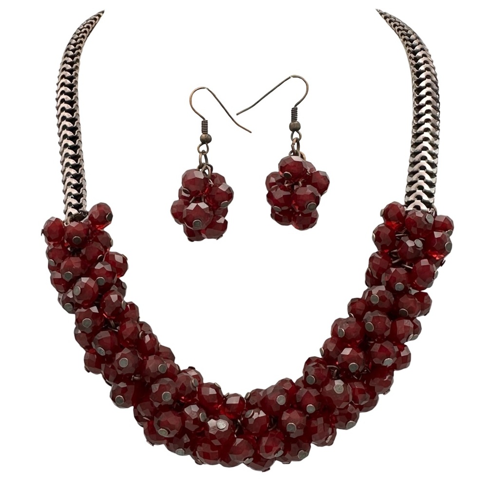 Red Glass Bead Cluster Soft Copper Tone Statement Necklace Earrings Set